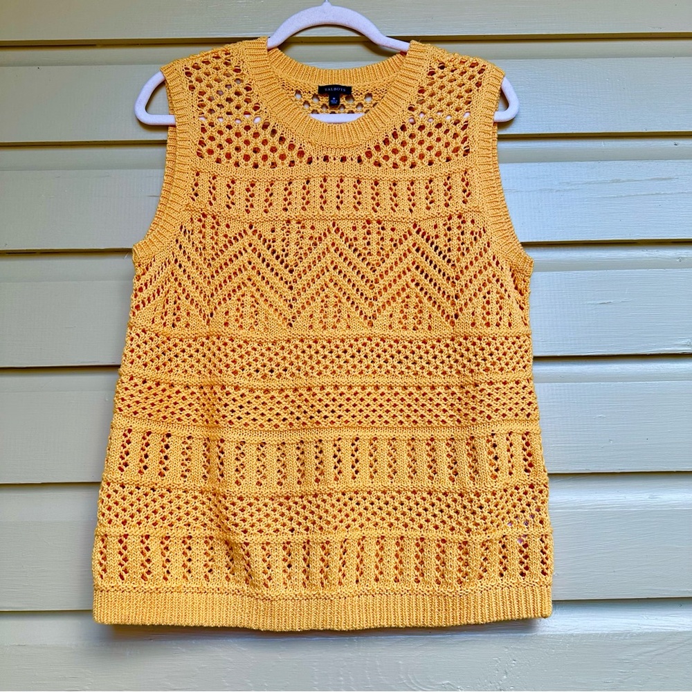 Talbots Crochet Knit Sweater vest Size Medium Yellow Orange Merigold Sleeveless